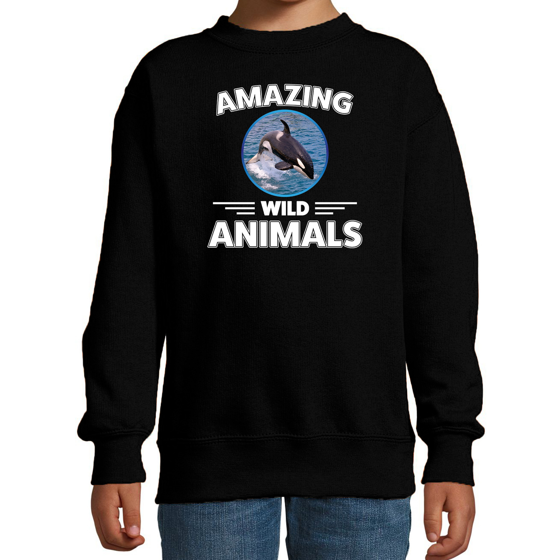 Sweater orka walvissen amazing wild animals / dieren trui zwart voor kinderen