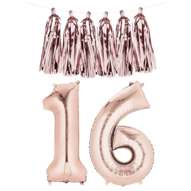 Sweet 16 decoratie ballonnen rosegoud met slinger
