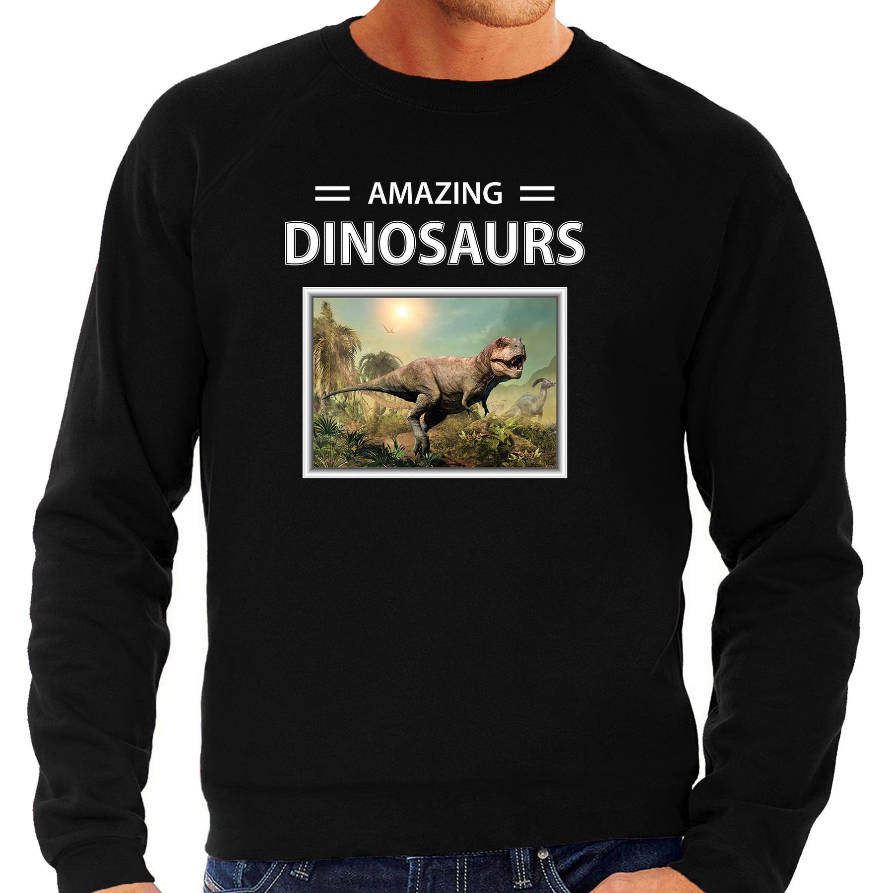 T-rex dinosaurus sweater / trui met dieren foto amazing dinosaurs zwart voor heren