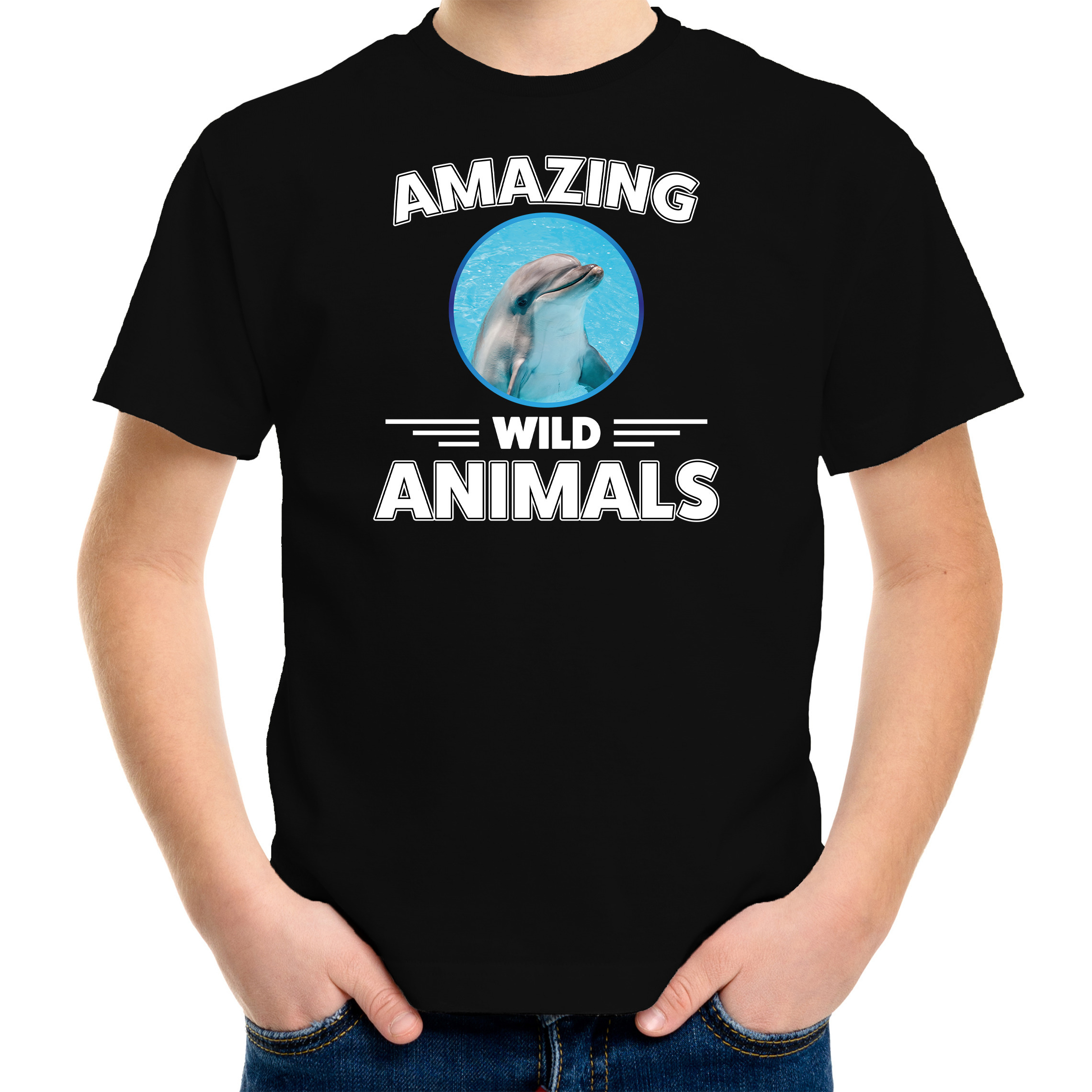 T-shirt dolfijnen amazing wild animals / dieren zwart voor kinderen