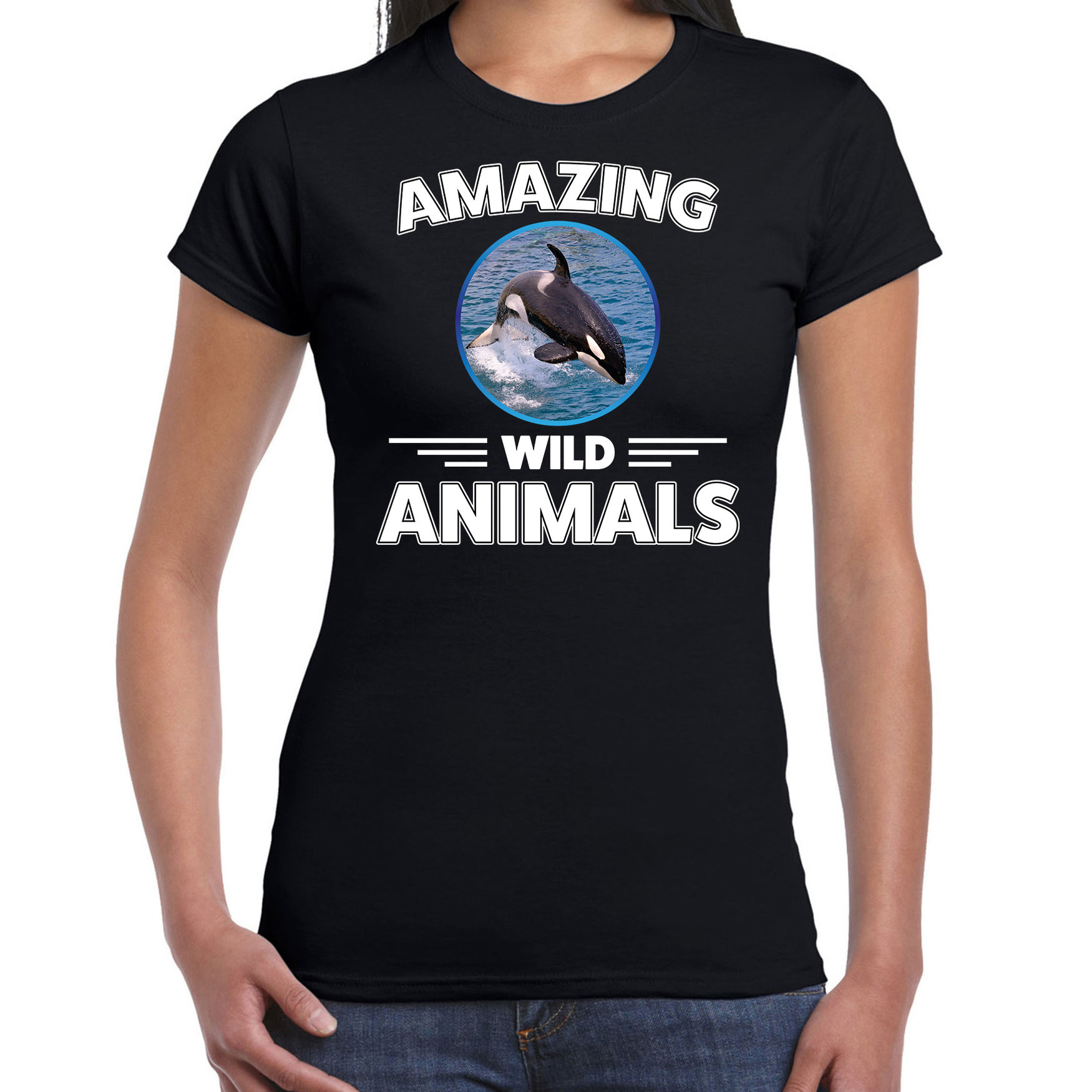 T-shirt orka walvissen amazing wild animals / dieren zwart voor dames