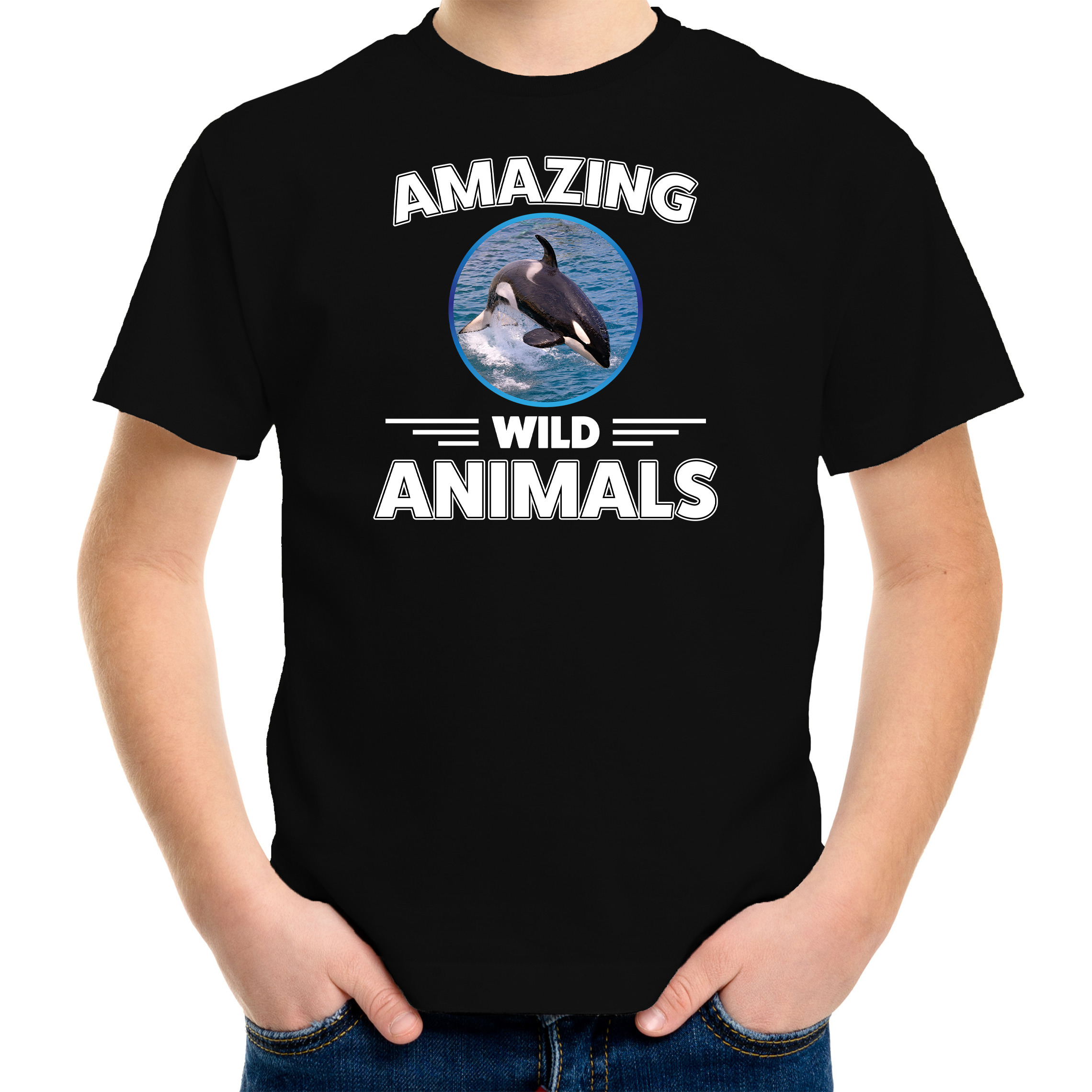 T-shirt orka walvissen amazing wild animals / dieren zwart voor kinderen