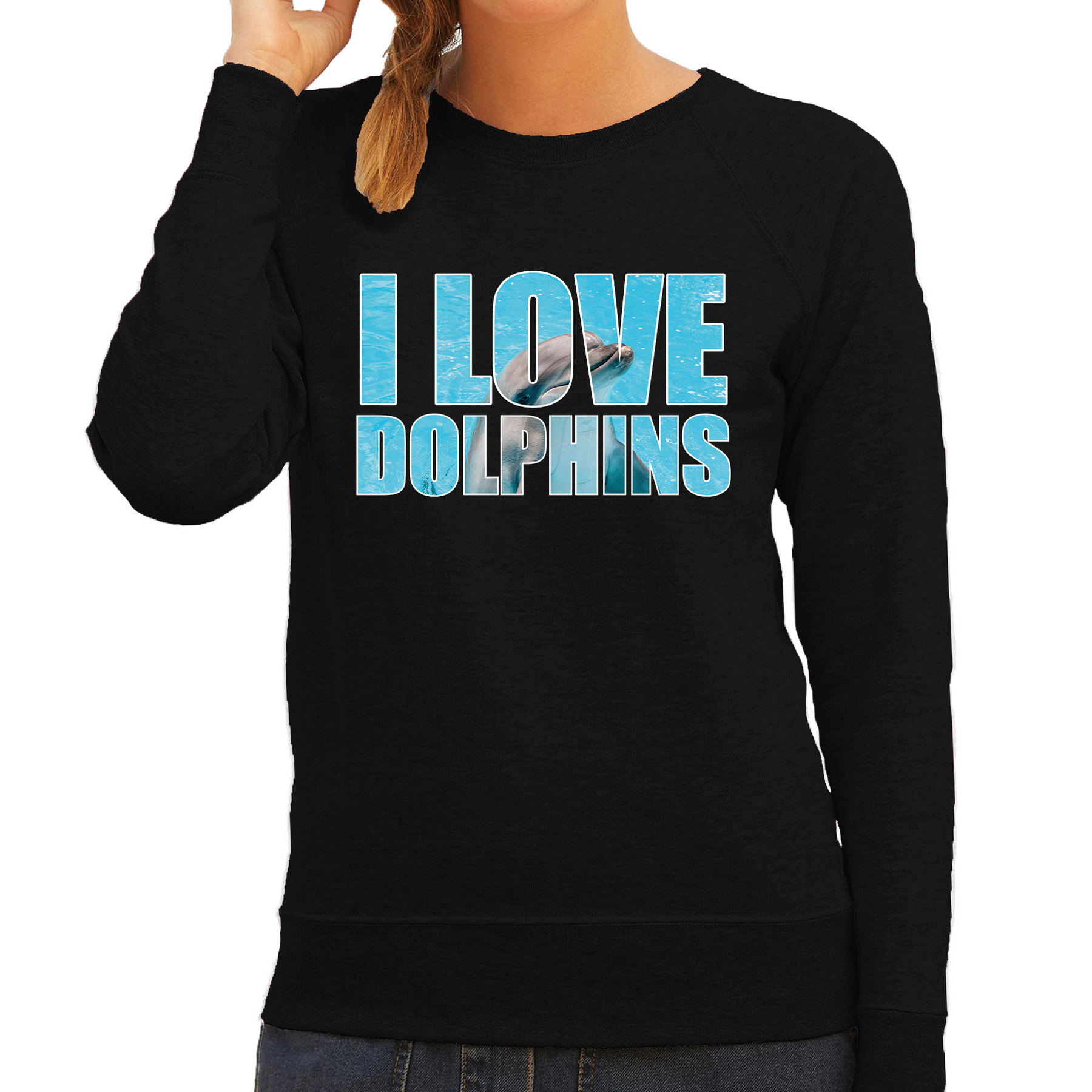 Tekst sweater I love dolphins met dieren foto van een dolfijn zwart voor dames