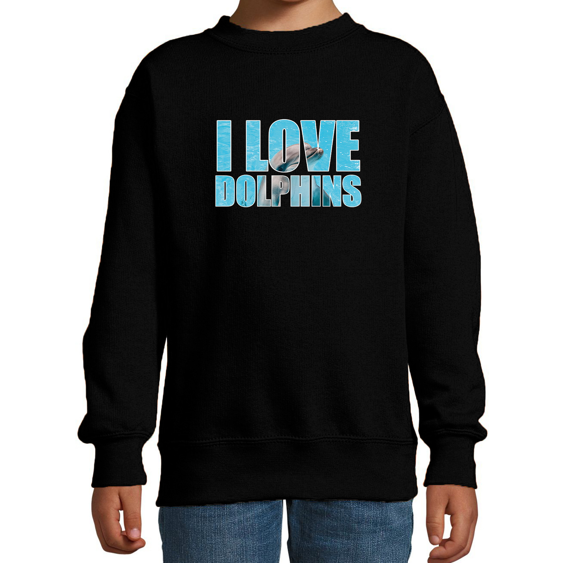 Tekst sweater I love dolphins met dieren foto van een dolfijn zwart voor kinderen