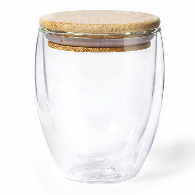 Thermische koffieglazen-theeglazen dubbelwandig met bamboe deksel 250 ml