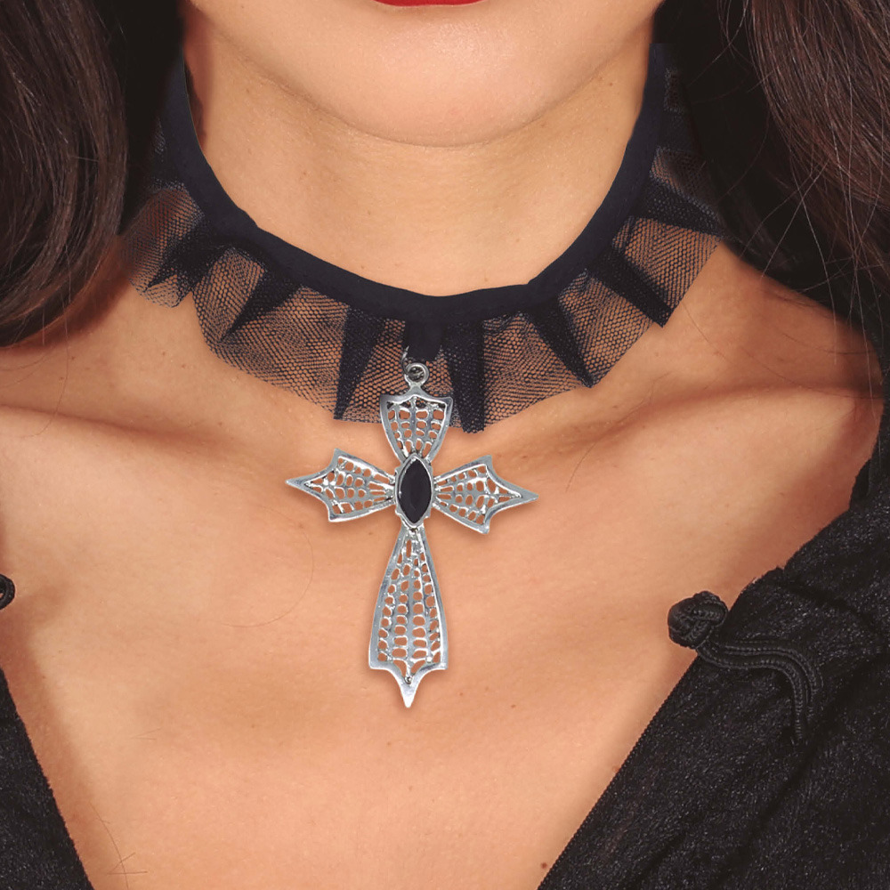 Verkleed sieraden ketting met kruis zwart dames kunststof Heks-Non-Evil Queen