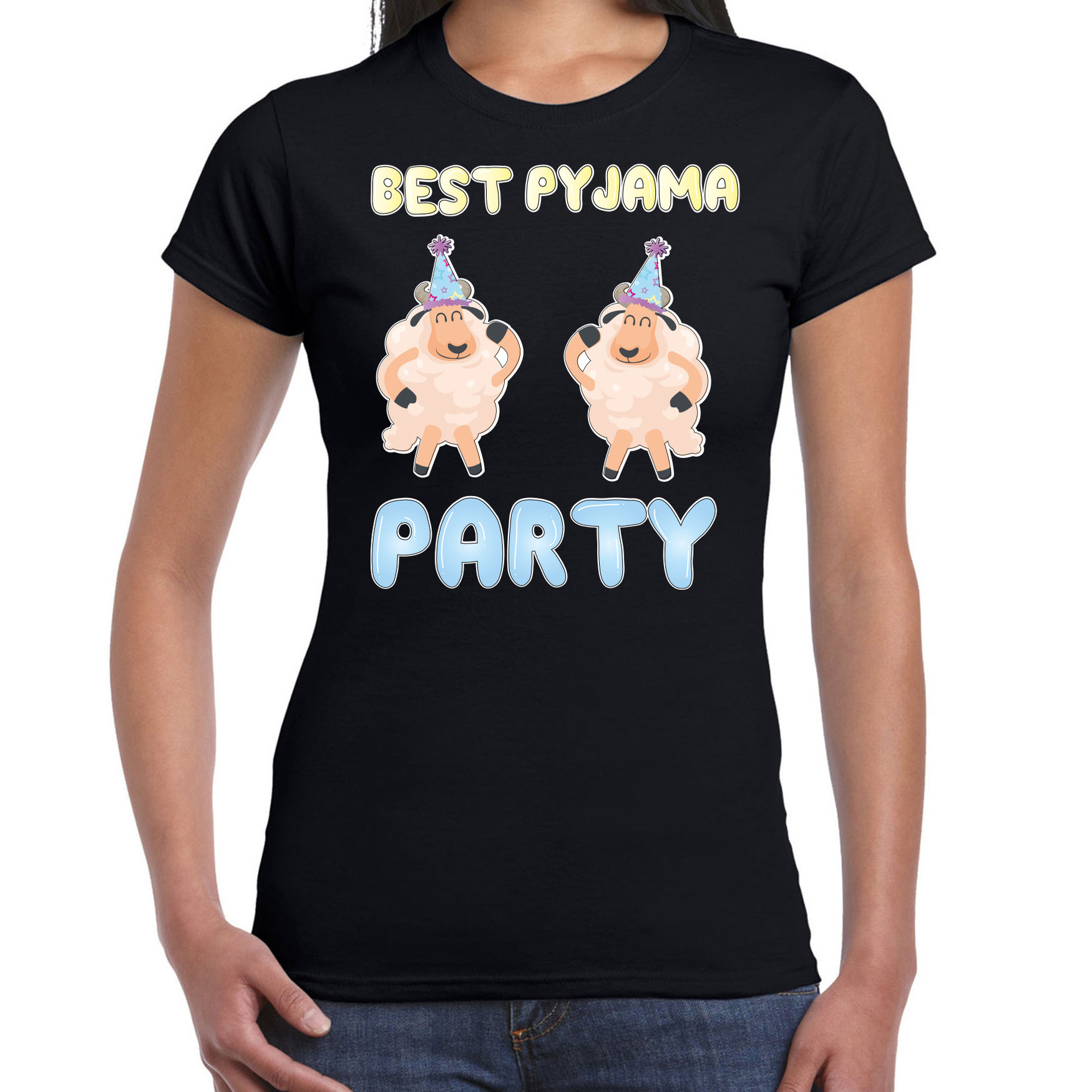 Verkleed T-shirt voor dames best pyjama party zwart carnaval foute party