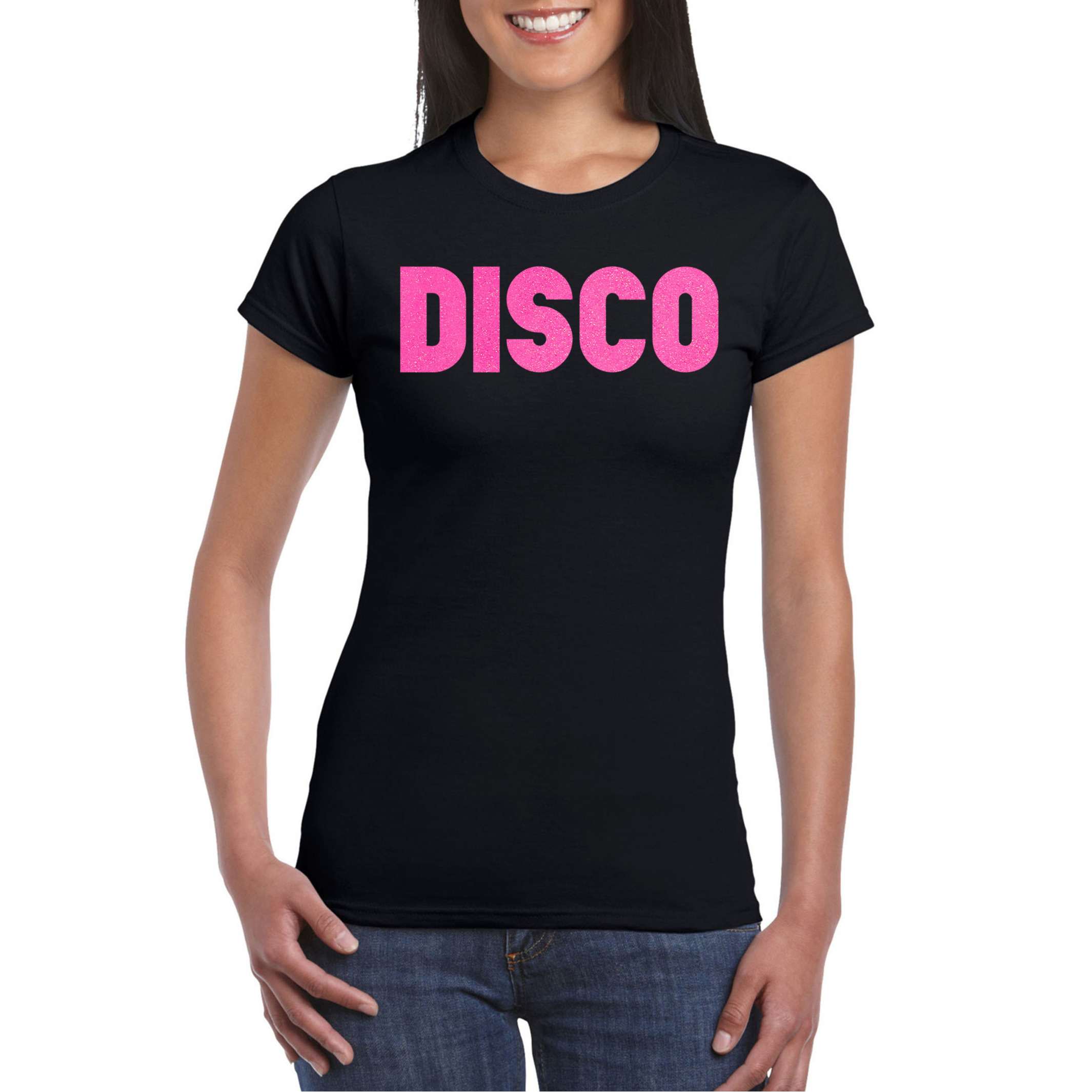 Verkleed T-shirt voor dames disco zwart roze glitter jaren 70-80 carnaval-themafeest
