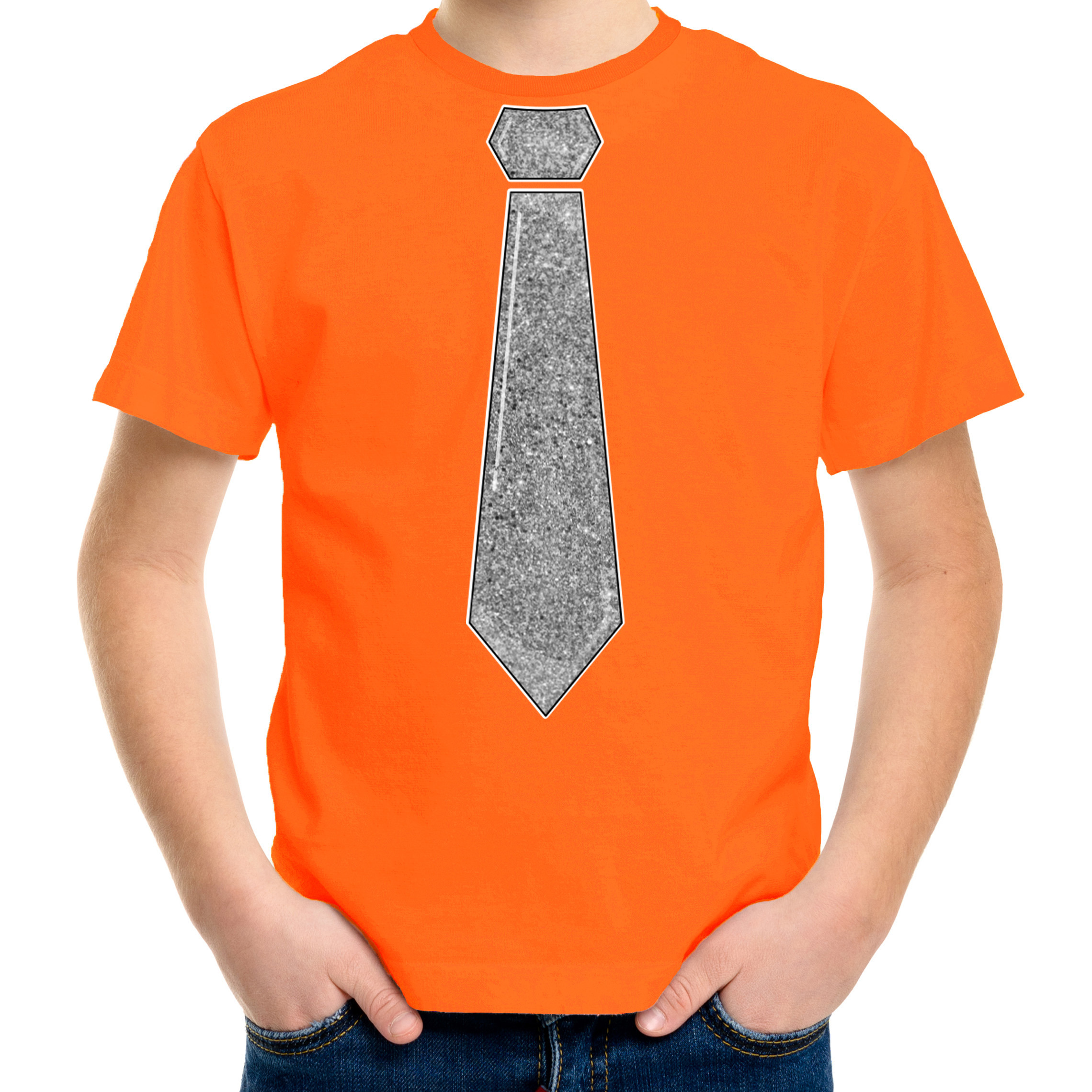 Verkleed t-shirt voor kinderen glitter stropdas oranje jongen carnaval-themafeest kostuum