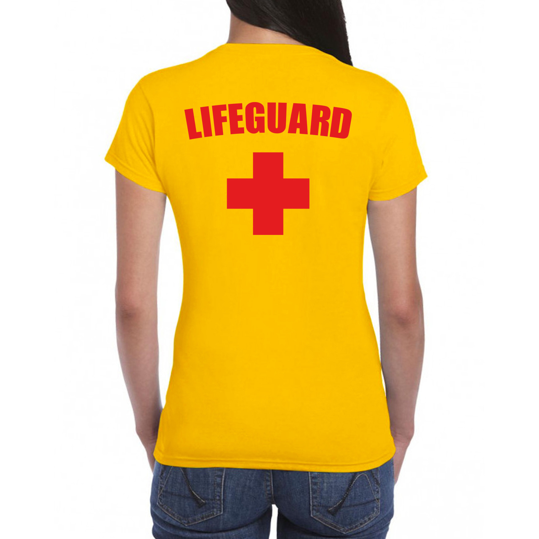 Verkleedkleding strandwacht shirt geel-achter bedrukking dames