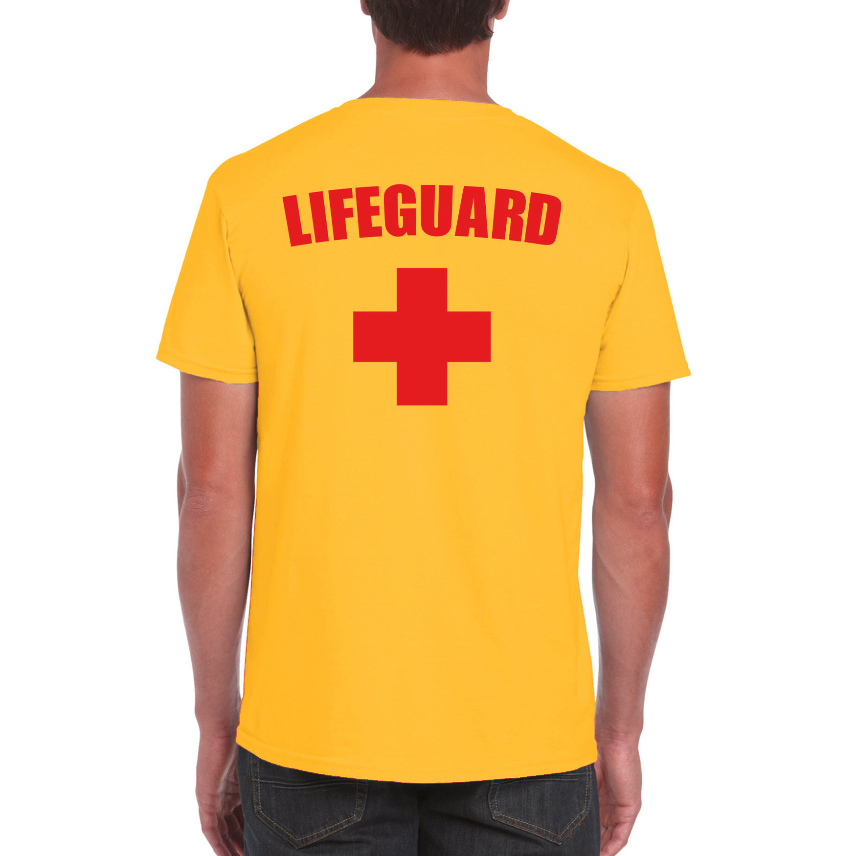 Verkleedkleding strandwacht shirt geel-achter bedrukking heren