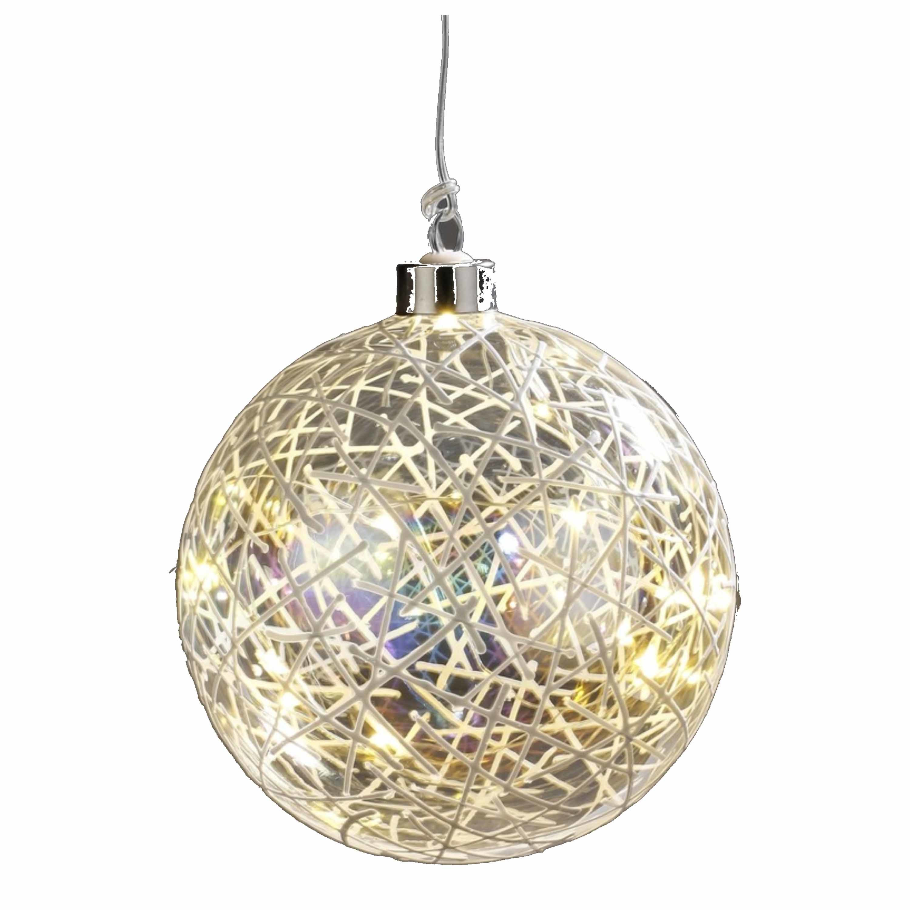 Verlichte LED kerstbal D12 cm glitter warm wit glas