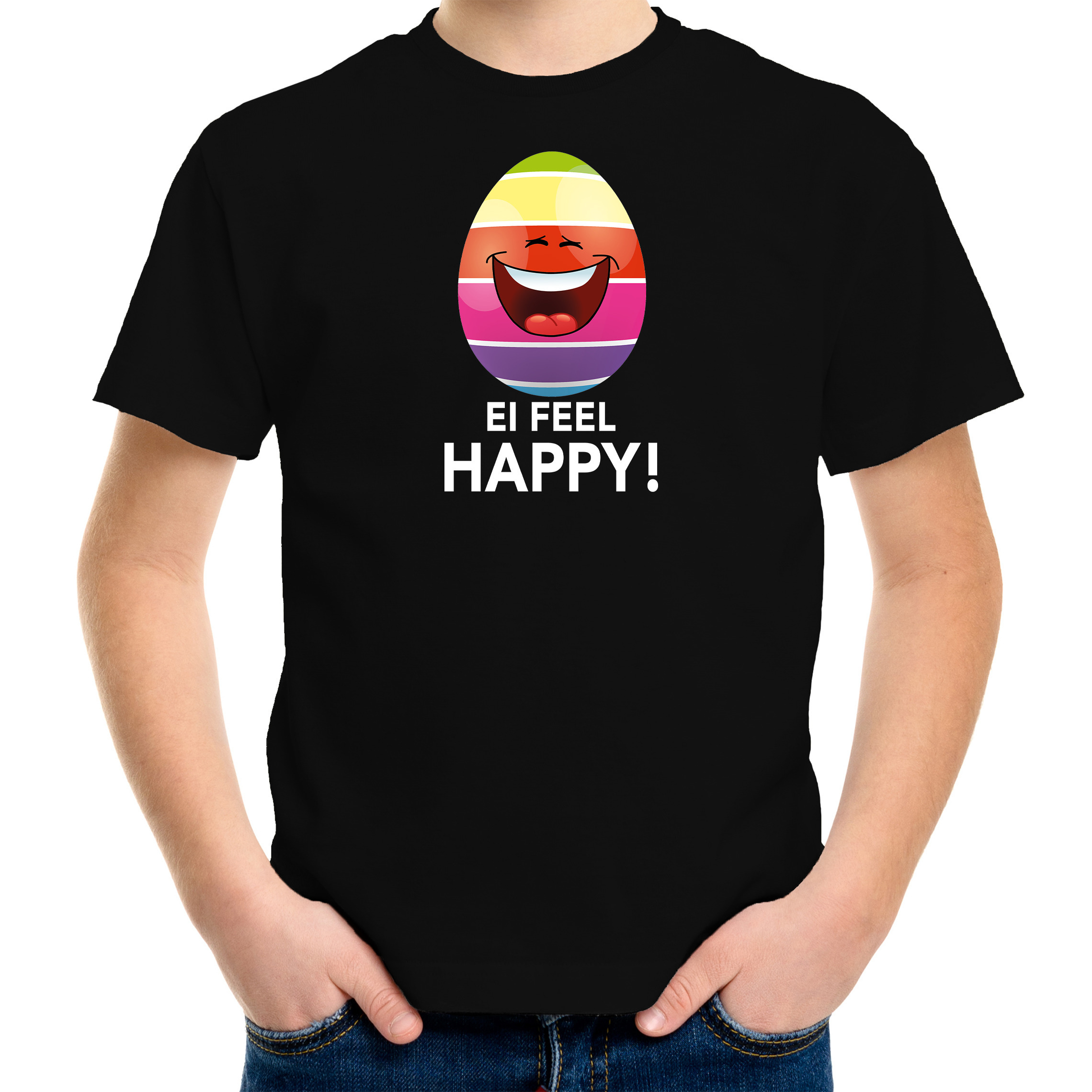 Vrolijk Paasei ei feel happy t-shirt zwart voor kinderen Paas kleding-outfit
