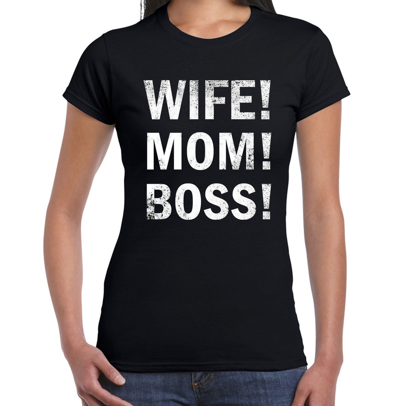 Wife Mom Boss fun tekst t-shirt zwart voor dames