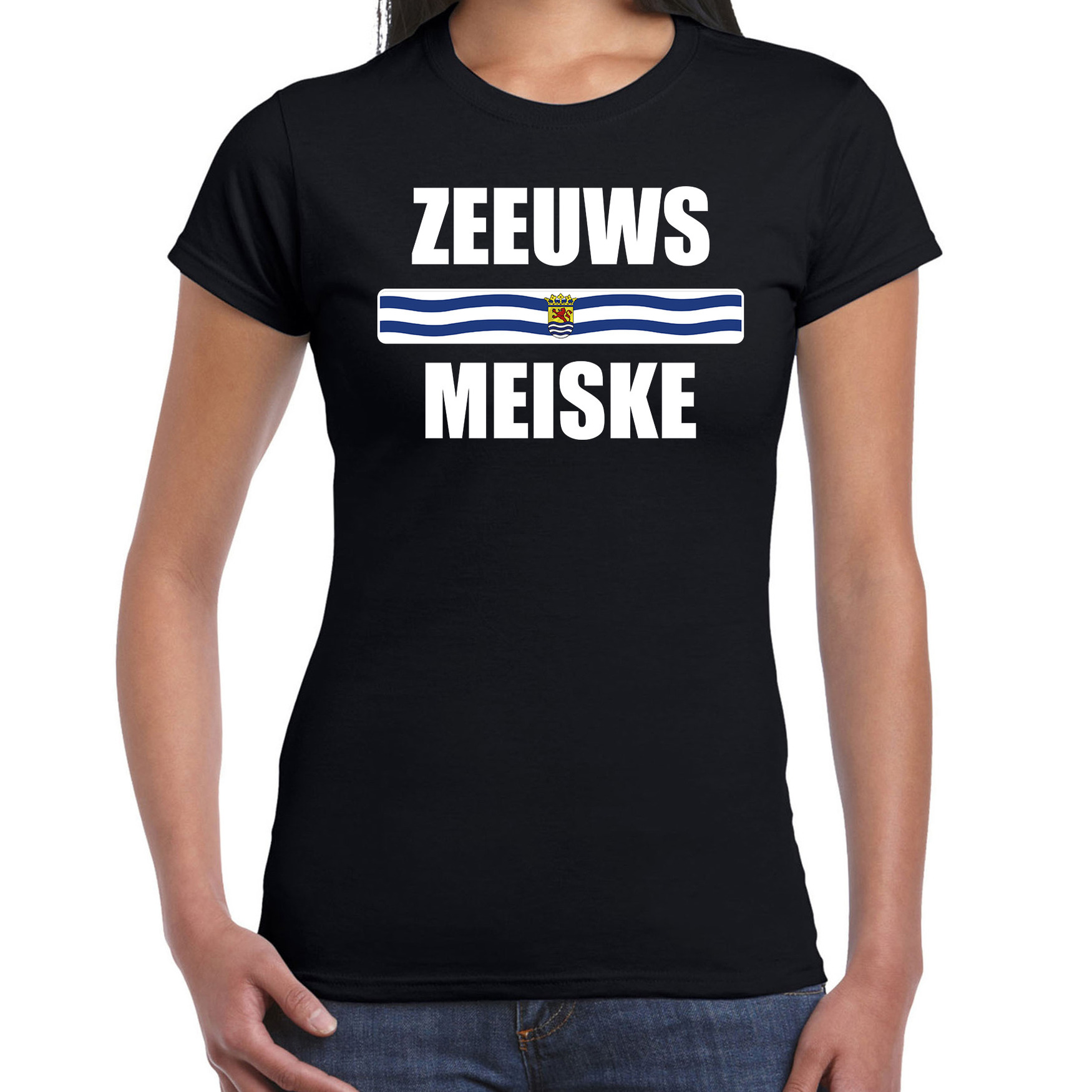 Zeeuws meiske met vlag Zeeland t-shirts Zeeuws dialect zwart voor dames
