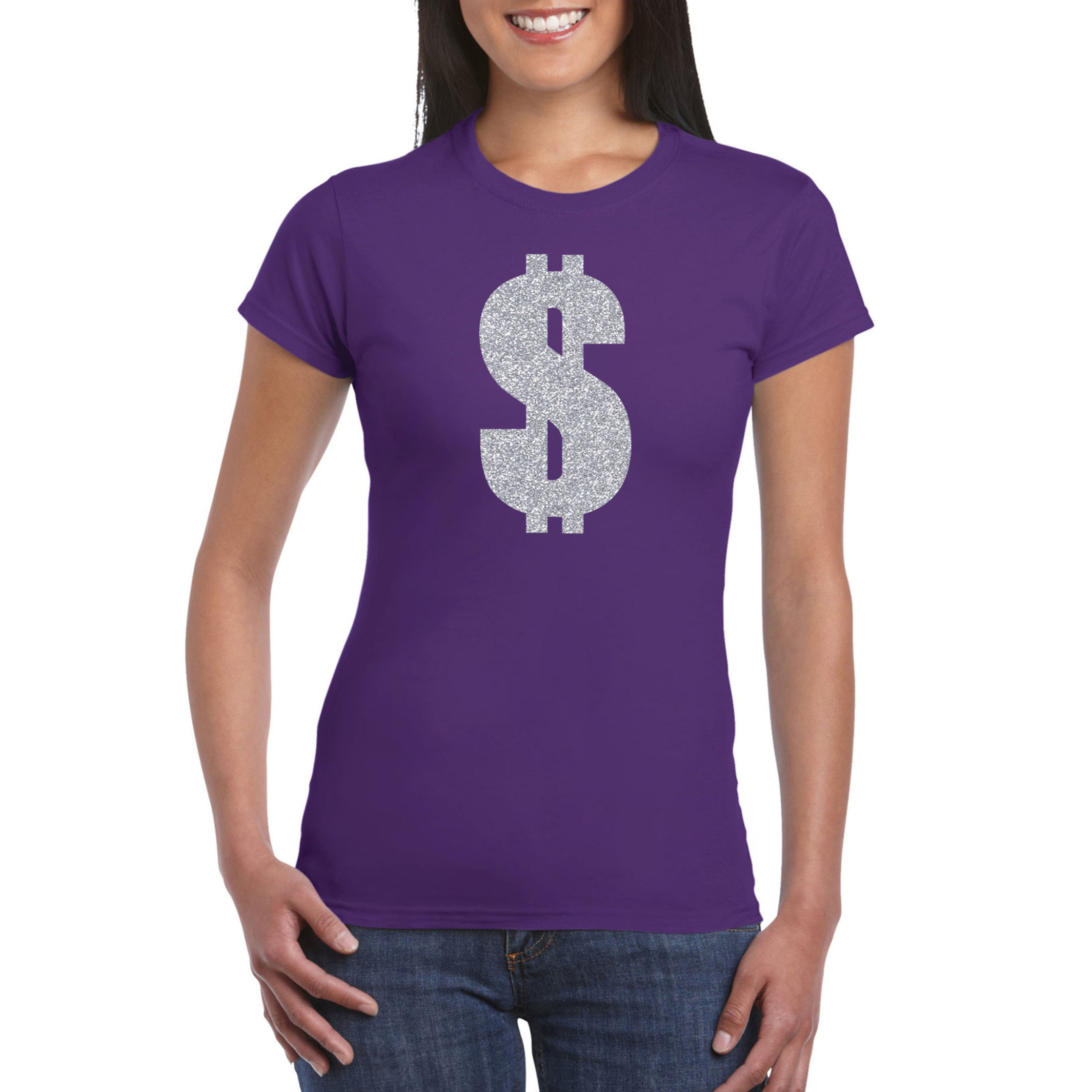 Zilveren dollar-Gangster verkleed t-shirt-kleding paars dames