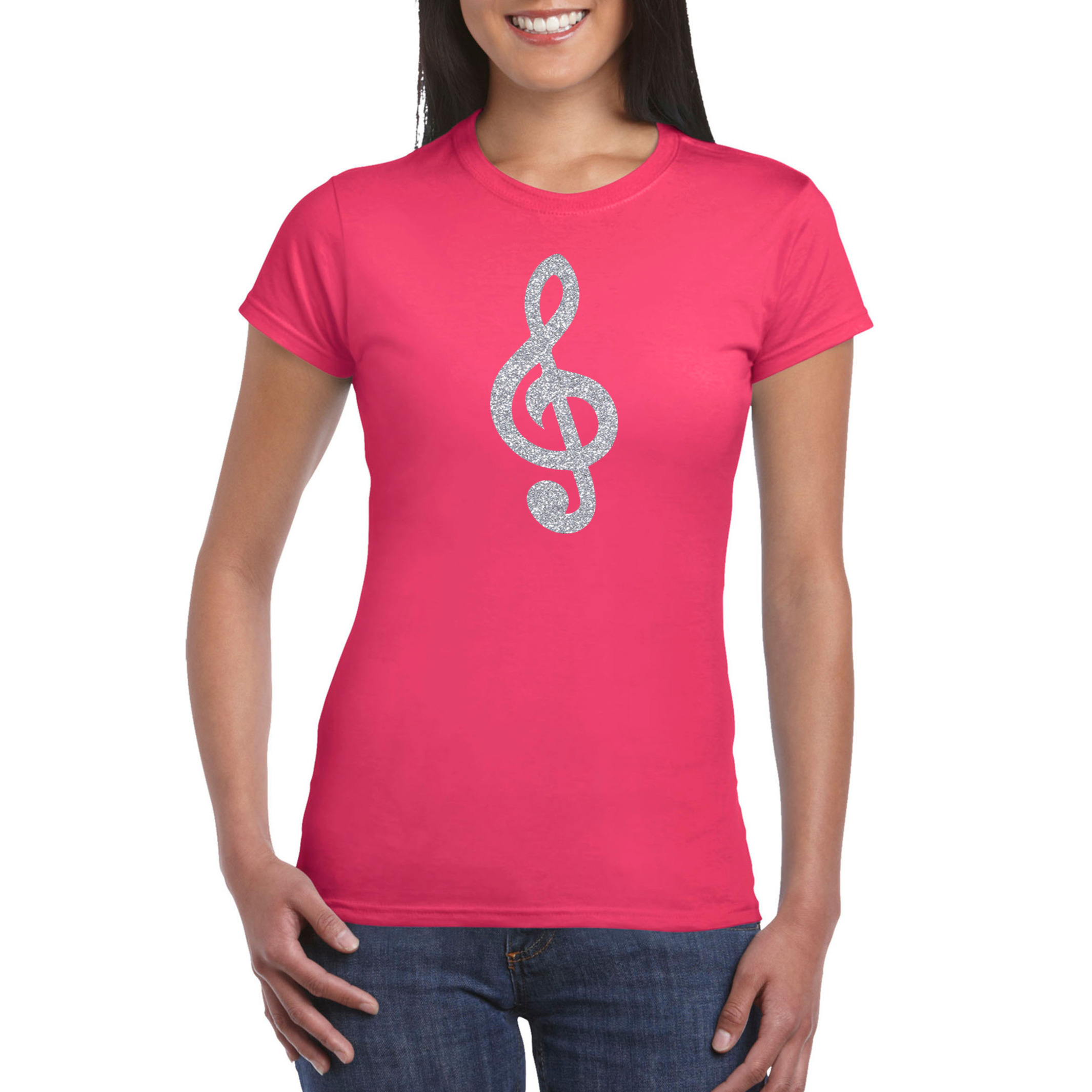 Zilveren muziek noot G-sleutel-muziek feest t-shirt-kleding roze dames