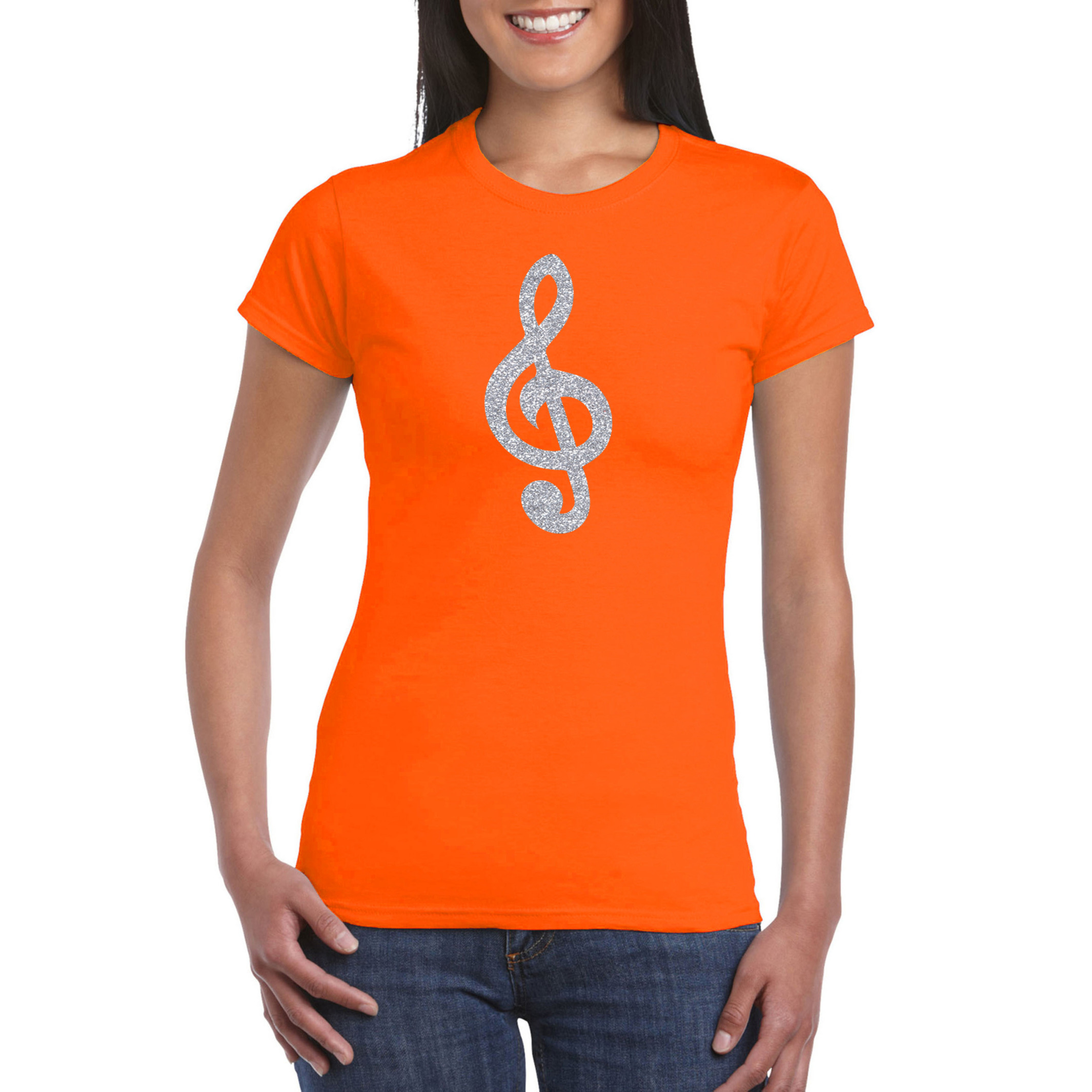 Zilveren muzieknoot G-sleutel-muziek feest t-shirt-kleding oranje dames