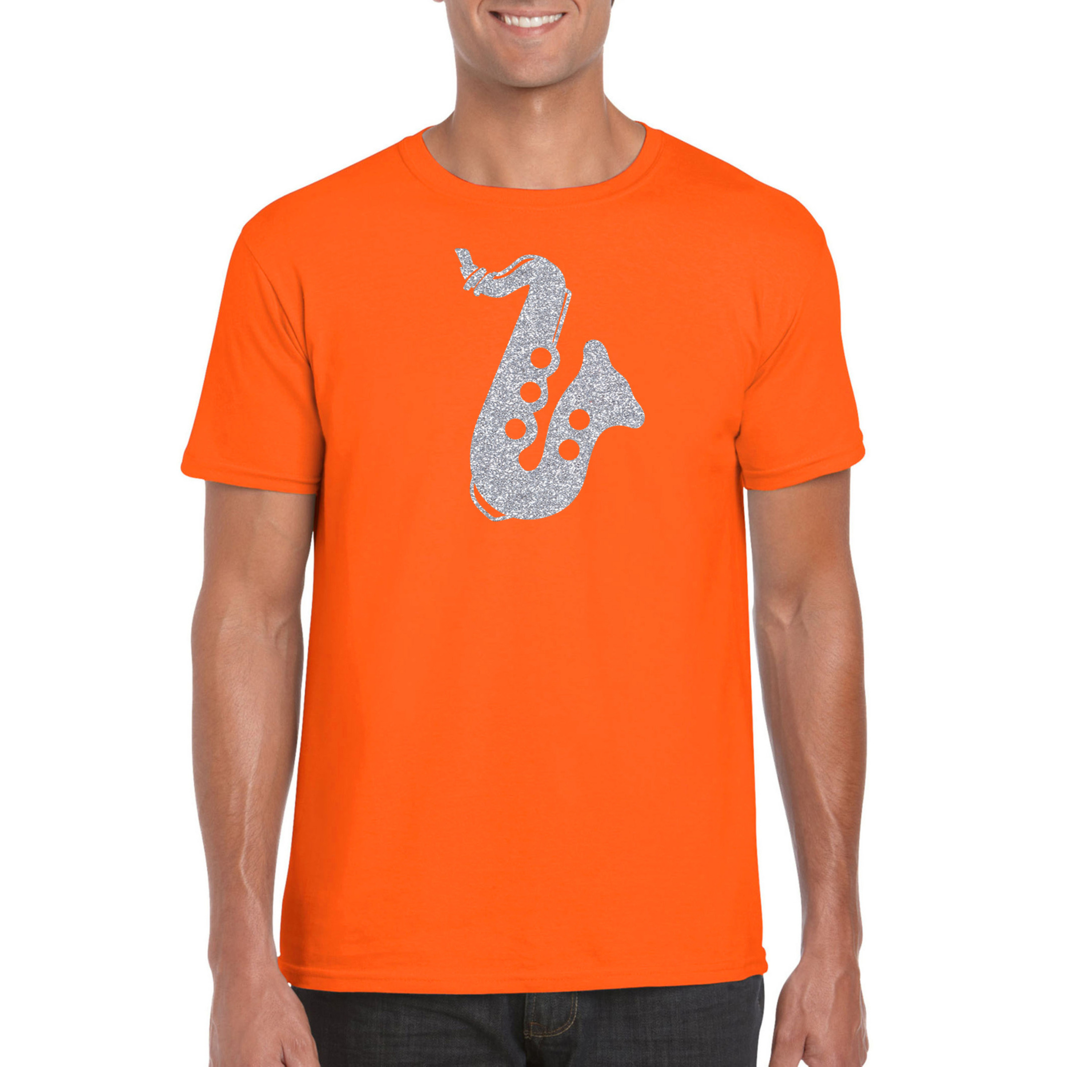 Zilveren saxofoon-muziek t-shirt-kleding oranje heren