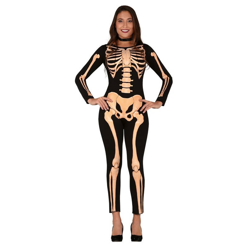 Zwart-oranje skelet verkleed kostuum voor dames