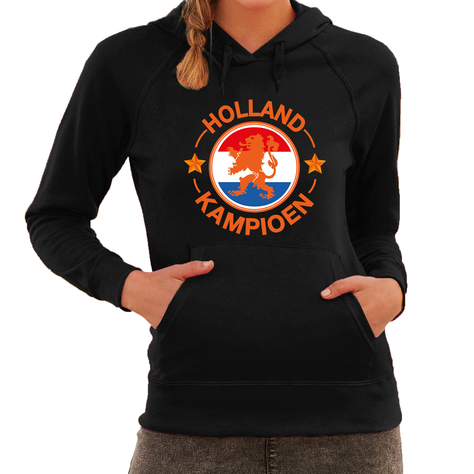 Zwarte hoodie Holland-Nederland supporter Holland kampioen met leeuw EK- WK voor dames