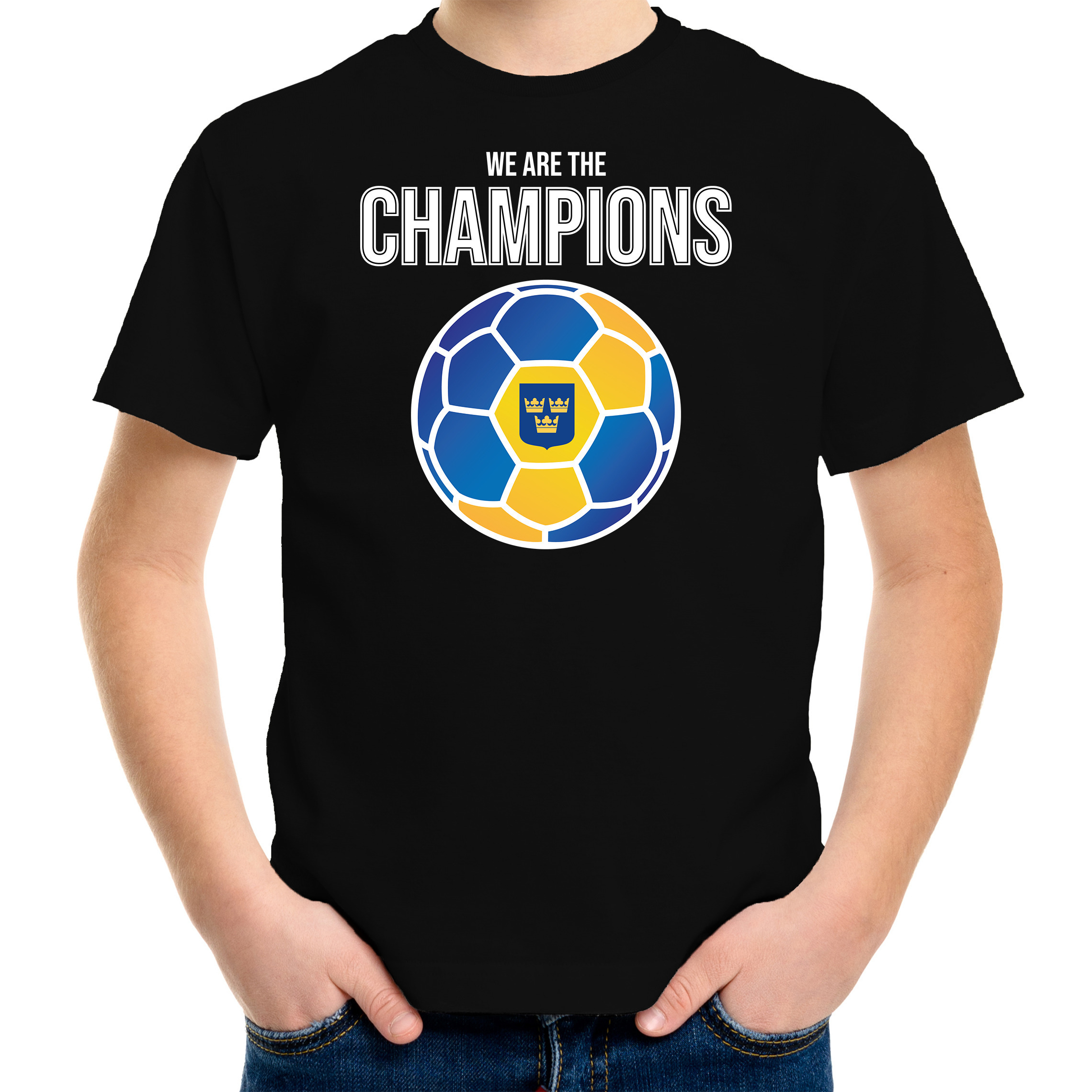Zweden EK/ WK supporter t-shirt we are the champions met Zweedse voetbal zwart kinderen