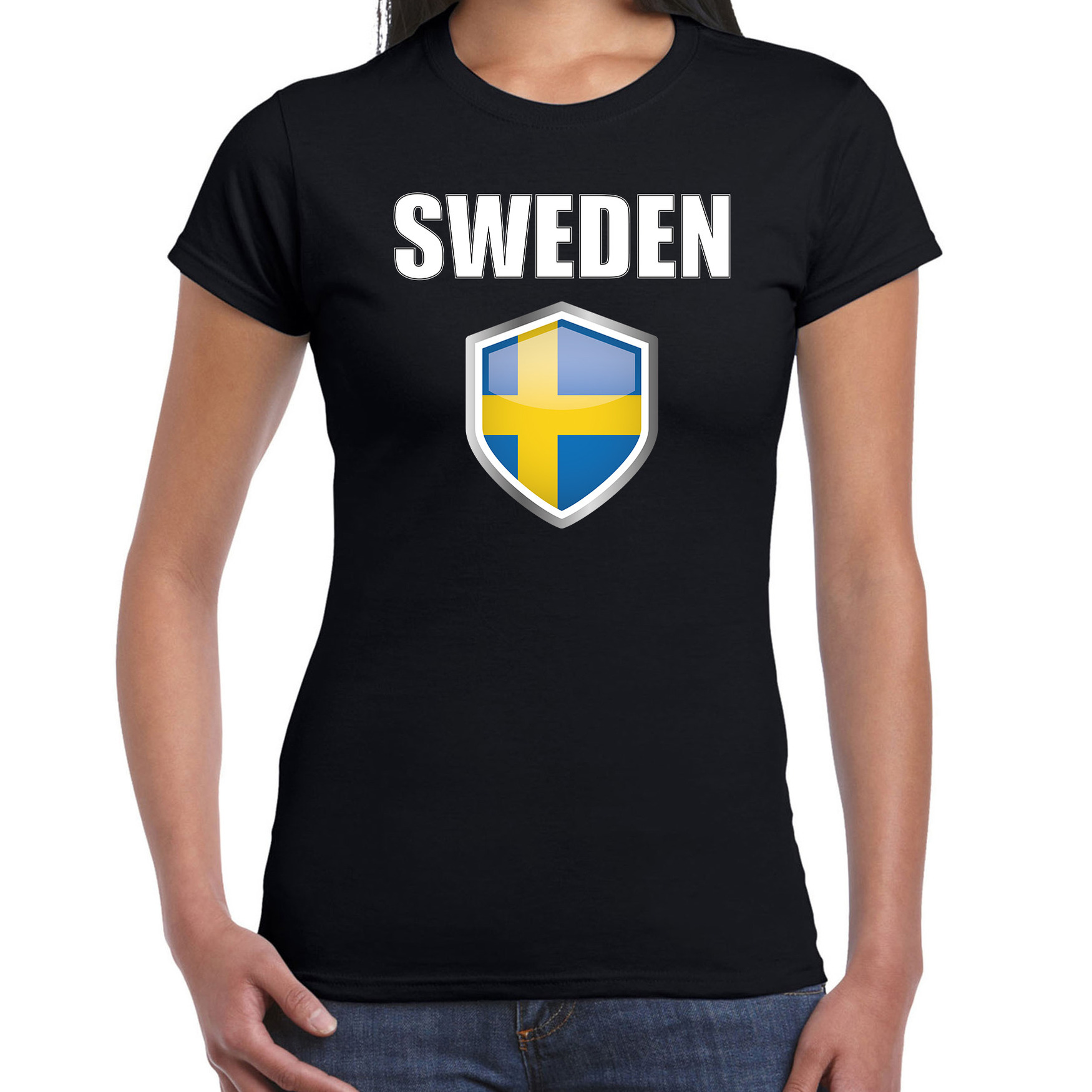 Zweden landen supporter t-shirt met Zweedse vlag schild zwart dames