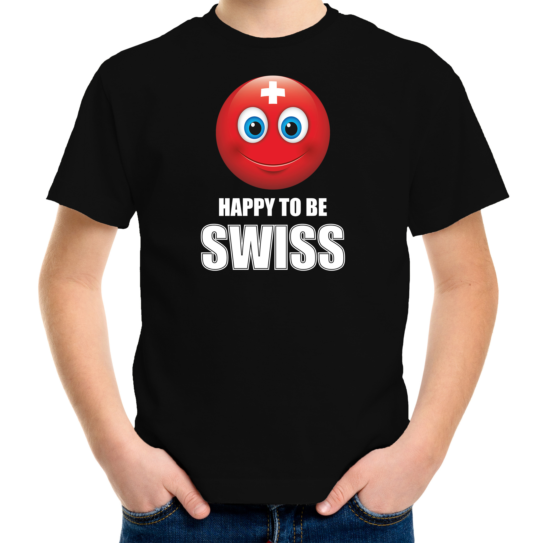 Zwitserland Emoticon Happy to be Swiss landen t-shirt zwart kinderen