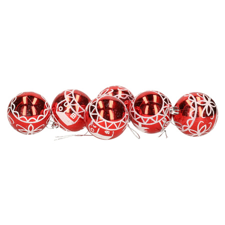 6x stuks gedecoreerde kerstballen rood kunststof 6 cm