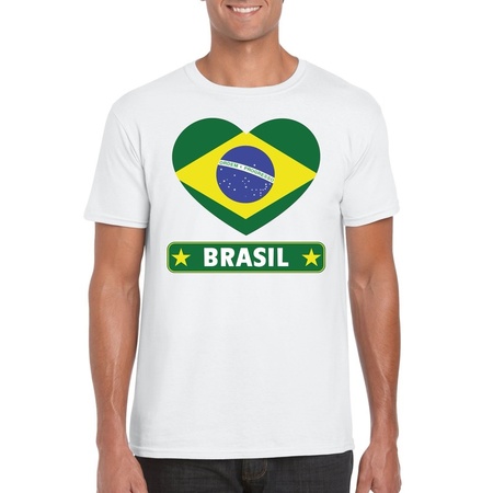 Braziliaanse vlag in hartje shirt wit heren