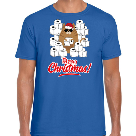 Fout Kerst t-shirt / outfit met hamsterende kat Merry Christmas blauw voor heren