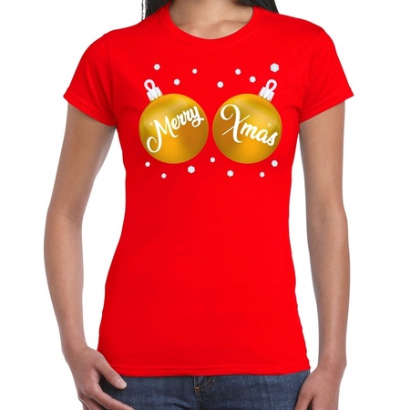 Christmas t-shirt red with golden merry Xmas balls for women