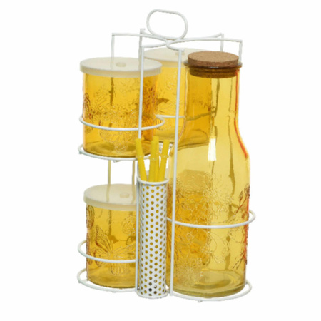 Yellow carafe/jug 1 liter with 4 drinking glasses made out of glass 33 cm