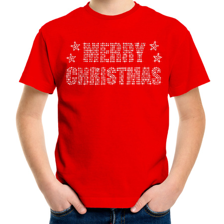 Glitter kerst t-shirt rood Merry Christmas glitter steentjes voor kinderen - Glitter kerst shirt