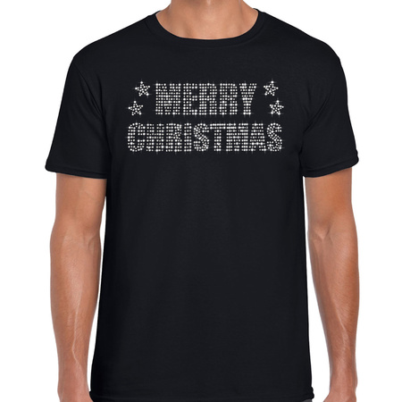 Glitter kerst t-shirt zwart Merry Christmas glitter steentjes voor heren - Glitter kerst shirt