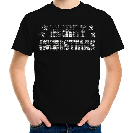 Christmas t-shirt black Merry Christmas glitter stones for kids