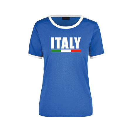 Italy supporter blauw / wit ringer t-shirt Italie met vlag voor dames