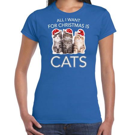 Kitten Kerst t-shirt / outfit All i want for Christmas is cats blauw voor dames
