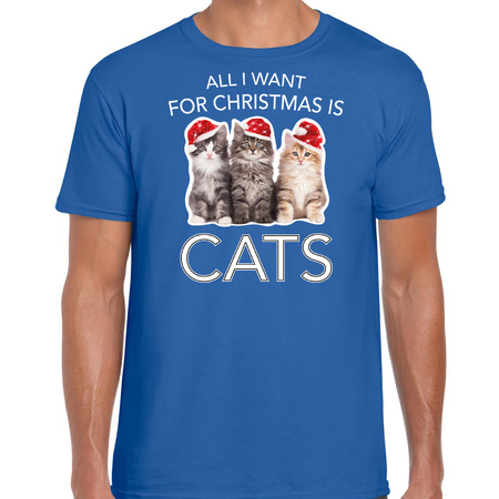 Kitten Kerst t-shirt / outfit All i want for Christmas is cats blauw voor heren