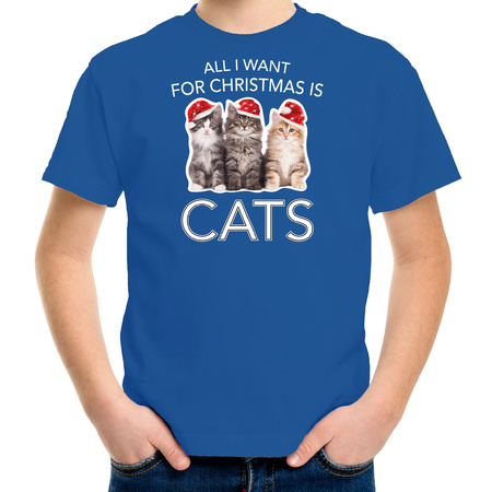Kitten Kerst t-shirt / outfit All i want for Christmas is cats blauw voor kinderen