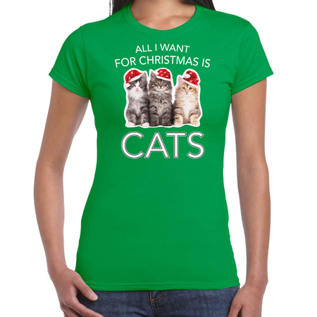 Kitten Kerst t-shirt / outfit All i want for Christmas is cats groen voor dames