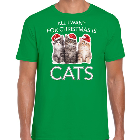 Kitten Kerst t-shirt / outfit All i want for Christmas is cats groen voor heren