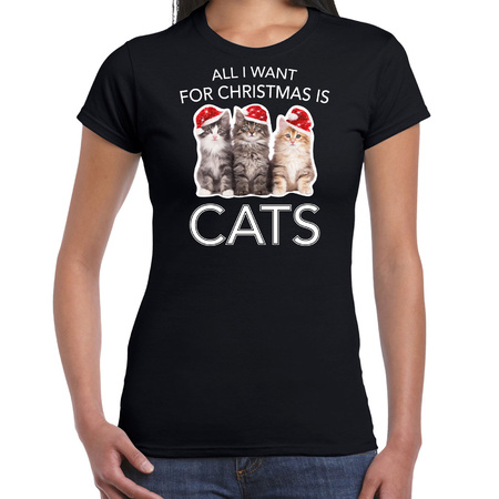 Kitten Kerst t-shirt / outfit All i want for Christmas is cats zwart voor dames