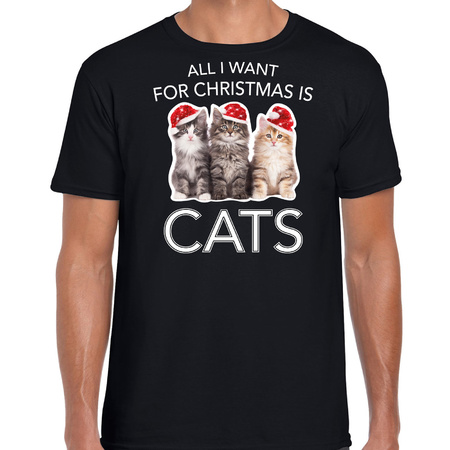 Kitten Kerst t-shirt / outfit All i want for Christmas is cats zwart voor heren