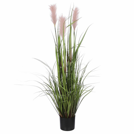 Kunstgras/gras kunstplant met pluimen - groen/roze H120 x D45 cm - op stevige plug