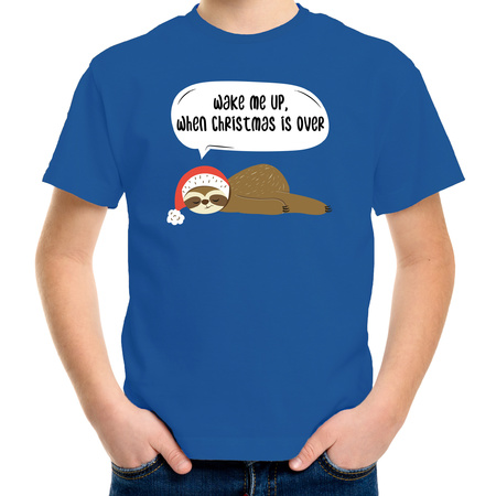 Sloth Christmas t-shirt Wake me up when christmas is over blue for kids