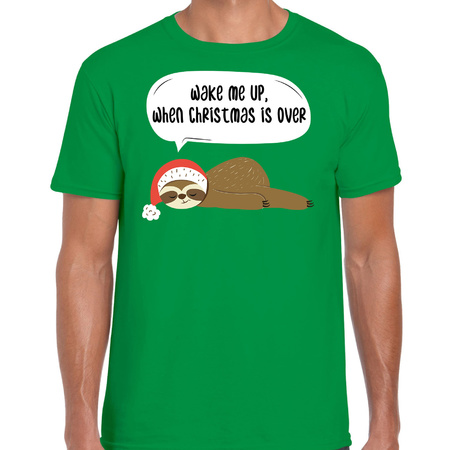 Luiaard Kerst t-shirt / outfit Wake me up when christmas is over groen voor heren
