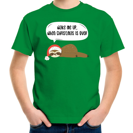 Luiaard Kerst t-shirt / outfit Wake me up when christmas is over groen voor kinderen
