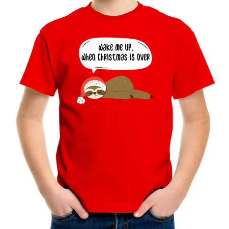 Luiaard Kerst t-shirt / outfit Wake me up when christmas is over rood voor kinderen