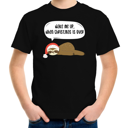 Luiaard Kerst t-shirt / outfit Wake me up when christmas is over zwart voor kinderen
